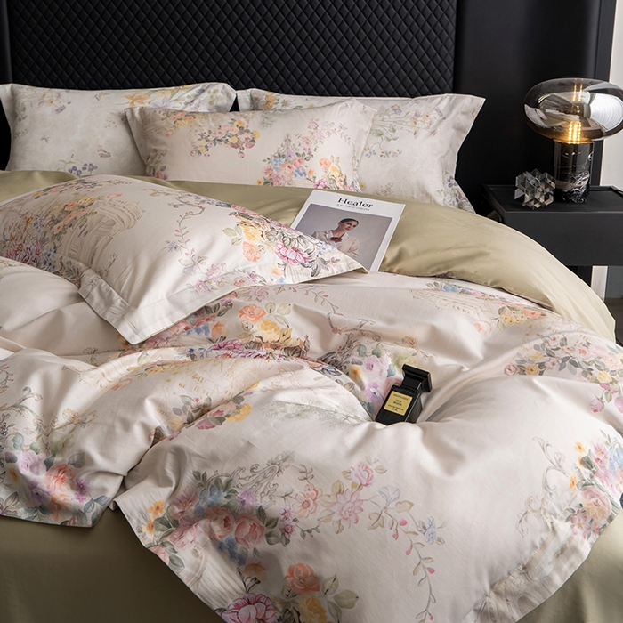 91家纺网 家纺一手货源 找家纺 皇寝世家家居 2025新款60S新疆长绒棉数码印花全棉床上四件套纯棉床品套件 花城-绿