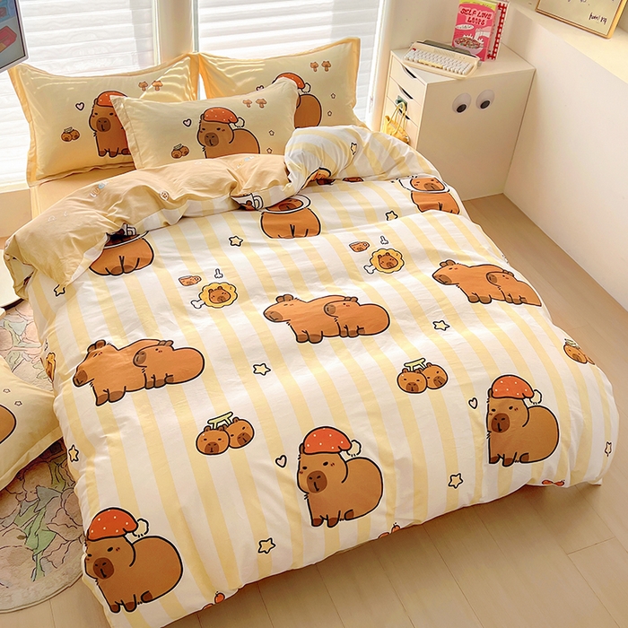 91家纺网 家纺一手货源 找家纺 2025新款原创设计卡皮巴拉全棉四件套-有作品登记证书 条纹巴拉