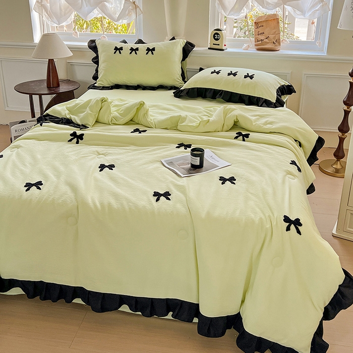 91家纺网 家纺一手货源 找家纺 梦之岛 2025新款韩版小泡泡水洗棉毛巾绣四件套-蝶梦 蝶梦蝴蝶结-绿