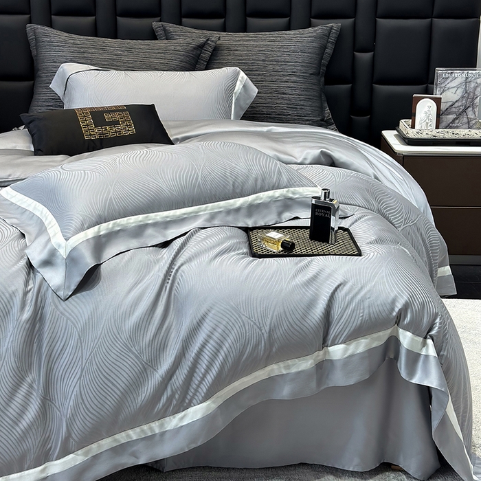 91家纺网 家纺一手货源 找家纺 若未家居 LOVEWE HOUSE 2025新款天丝提花套件撞色轻奢风四件套-天丝布拉格 天丝布拉格 银灰