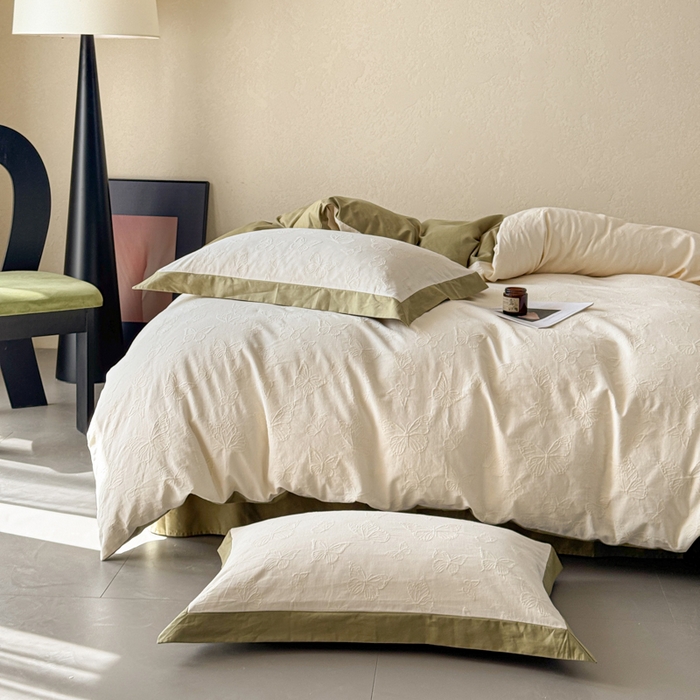 91家纺网 家纺一手货源 找家纺 若未家居 LOVEWE HOUSE 2025新款50S色织空气层水洗大提花全棉四件套 梦蝶-春日白