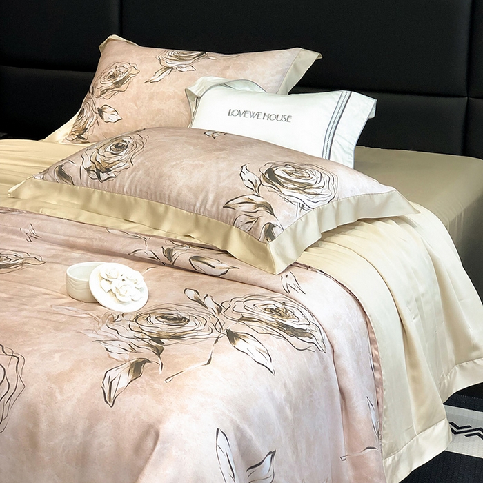 91家纺网 家纺一手货源 找家纺 若未家居 LOVEWE HOUSE 2025新款兰精天丝印花夏被及夏被四件套 叶罗丽玫瑰 米（床单款+床盖款）