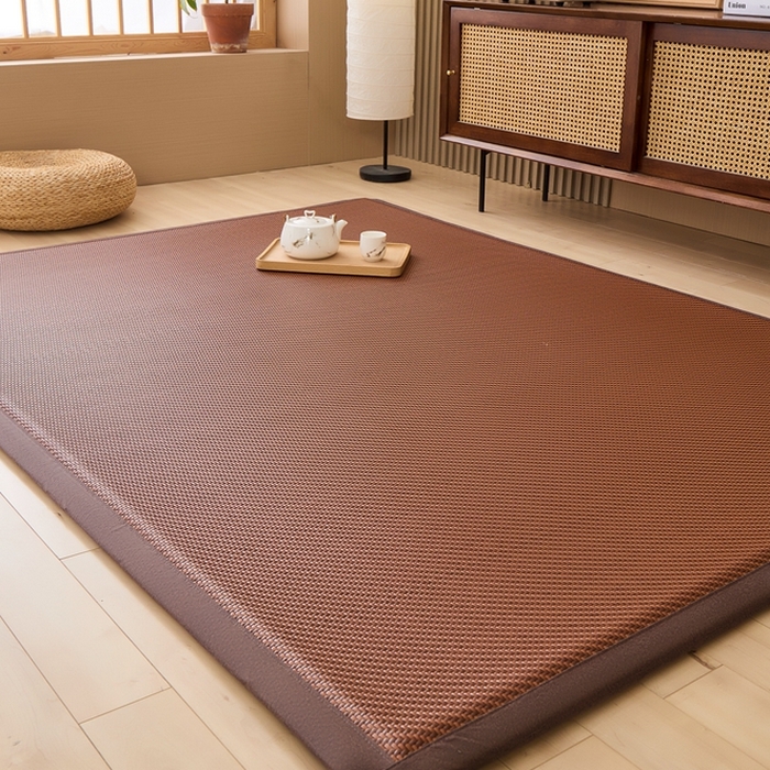 91家纺网 家纺一手货源 找家纺 绒艺席业 2025新款PE藤席地垫 斜纹编织 咖