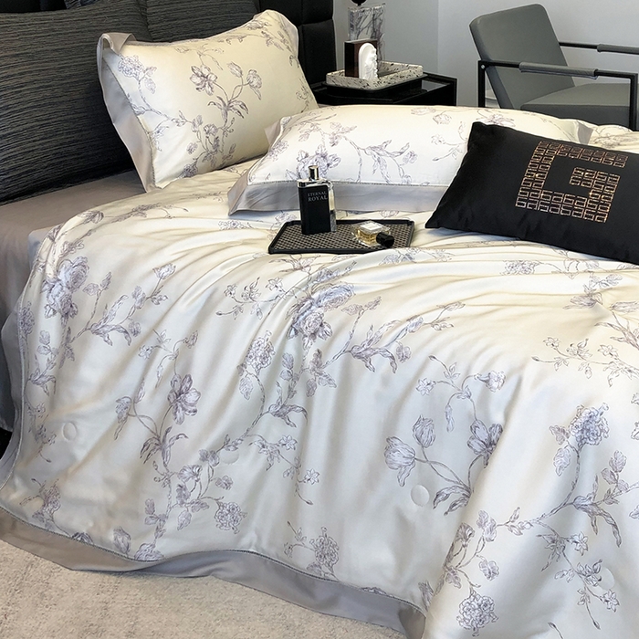 91家纺网 家纺一手货源 找家纺 若未家居 LOVEWE HOUSE 2025新款兰精天丝印花夏被及夏被四件套 白玉芝芝（床单款+床盖款）