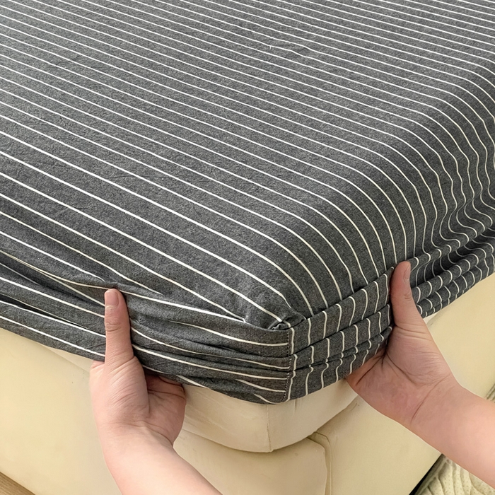 91家纺网 家纺一手货源 找家纺 2025新款全棉水洗棉套件-单床笠 灰细条