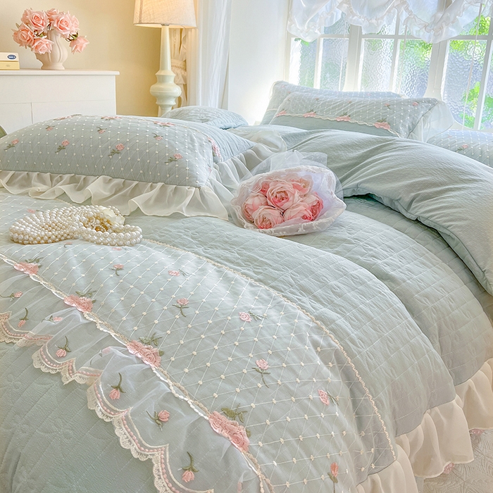 91家纺网 家纺一手货源 找家纺 网红馆（ck家纺） 2025新款优舒棉蕾丝花边床裙四件套-玛格丽 水绿