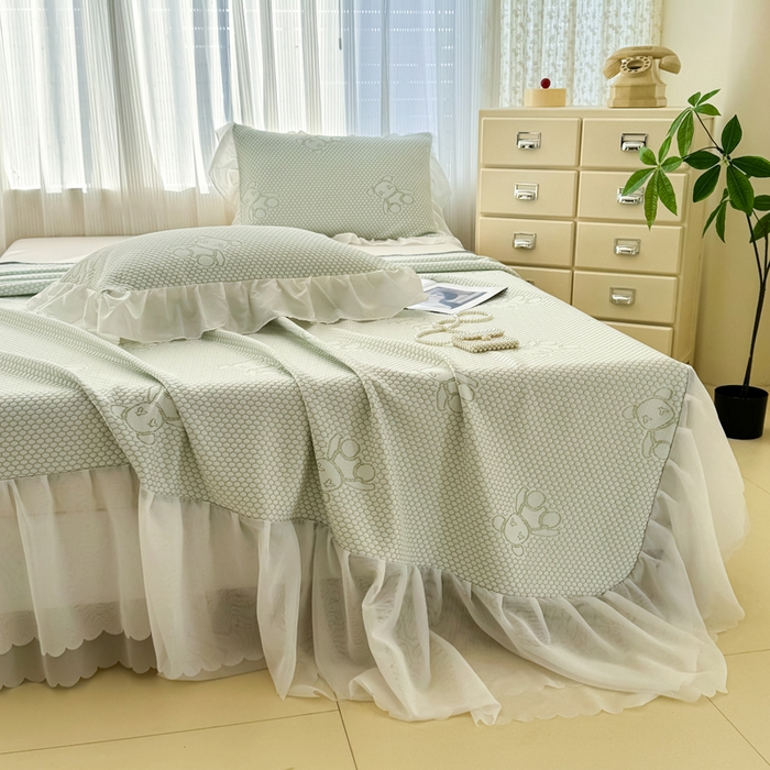 91家纺网 家纺一手货源 找家纺 999家纺   2025新款凉感提花冰豆豆凉席三件套 冰块熊-绿（床盖款）