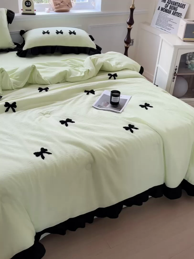 91家纺网 家纺一手货源 找家纺 梦之岛 2025新款韩版小泡泡水洗棉毛巾绣四件套-蝶梦 蝶梦蝴蝶结-绿