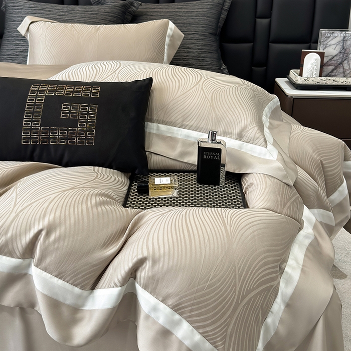 91家纺网 家纺一手货源 找家纺 若未家居 LOVEWE HOUSE 2025新款天丝提花套件撞色轻奢风四件套-天丝布拉格 天丝布拉格 香槟米