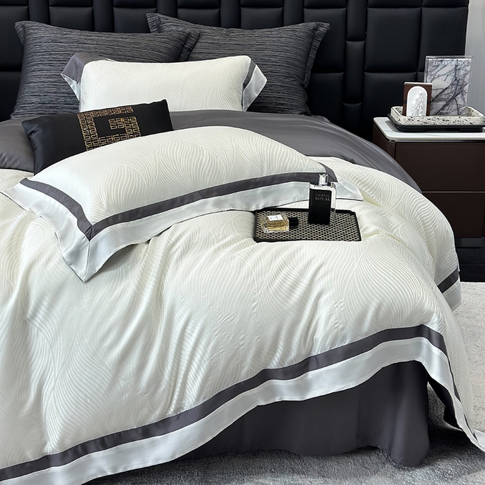 91家纺网 家纺一手货源 找家纺 若未家居 LOVEWE HOUSE 2025新款天丝提花套件撞色轻奢风四件套-天丝布拉格 天丝布拉格 奶昔白