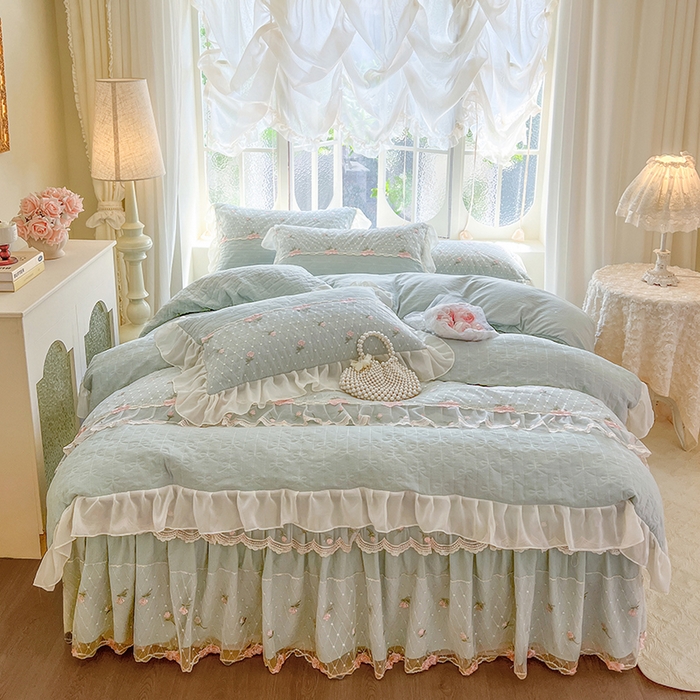 91家纺网 家纺一手货源 找家纺 网红馆（ck家纺） 2025新款优舒棉蕾丝花边床裙四件套-玛格丽 水绿