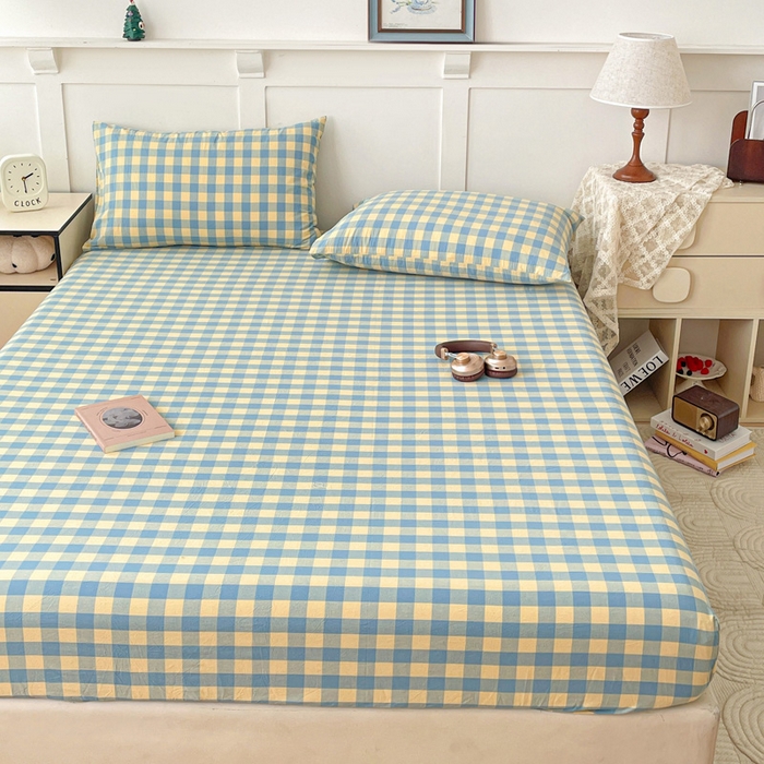 91家纺网 家纺一手货源 找家纺 2025新款全棉水洗棉套件-单床笠 蓝黄三分格