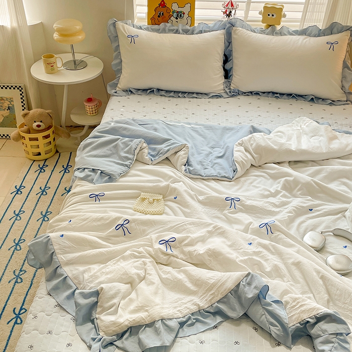 91家纺网 家纺一手货源 找家纺 （总）2025新款绣花双层纱针织棉夏被床盖四件套全棉夏被四件套