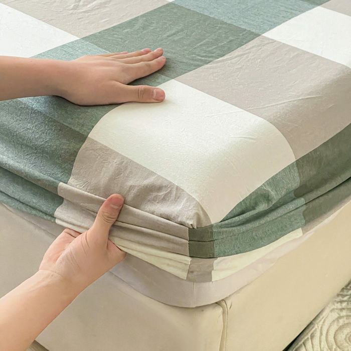 91家纺网 家纺一手货源 找家纺 2025新款全棉水洗棉套件-单床笠 绿大格