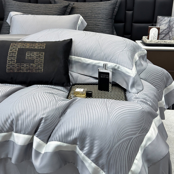 91家纺网 家纺一手货源 找家纺 若未家居 LOVEWE HOUSE 2025新款天丝提花套件撞色轻奢风四件套-天丝布拉格 天丝布拉格 银灰