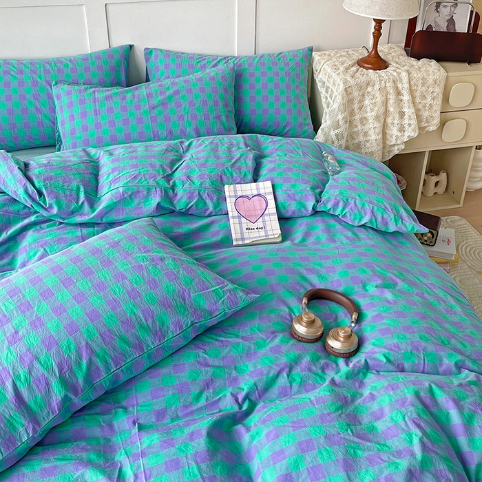 91家纺网 家纺一手货源 找家纺 大柏树 2025新款全棉水洗棉套件-床单四件套 绿紫中格