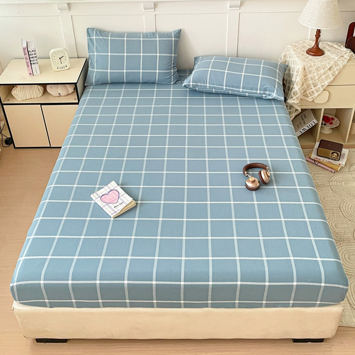 91家纺网 家纺一手货源 找家纺 2025新款全棉水洗棉套件-单床笠 蓝灰中格