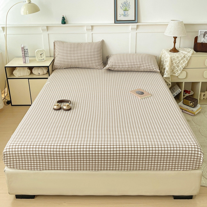 91家纺网 家纺一手货源 找家纺 2025新款全棉水洗棉套件-单床笠 米小格