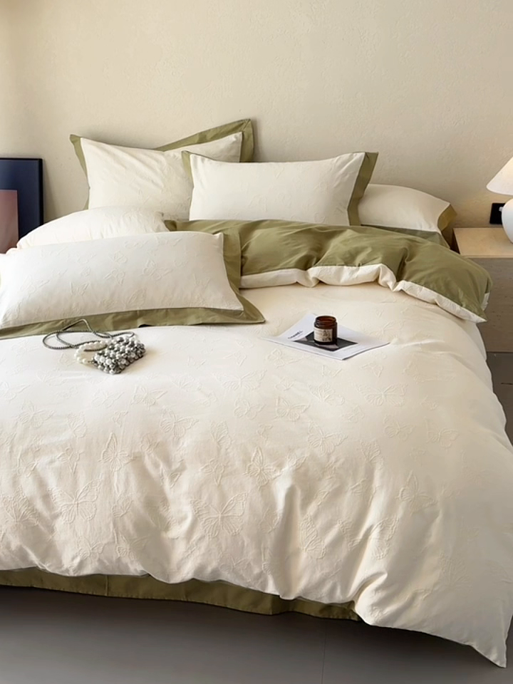 91家纺网 家纺一手货源 找家纺 若未家居 LOVEWE HOUSE 2025新款50S色织空气层水洗大提花全棉四件套 梦蝶-春日白