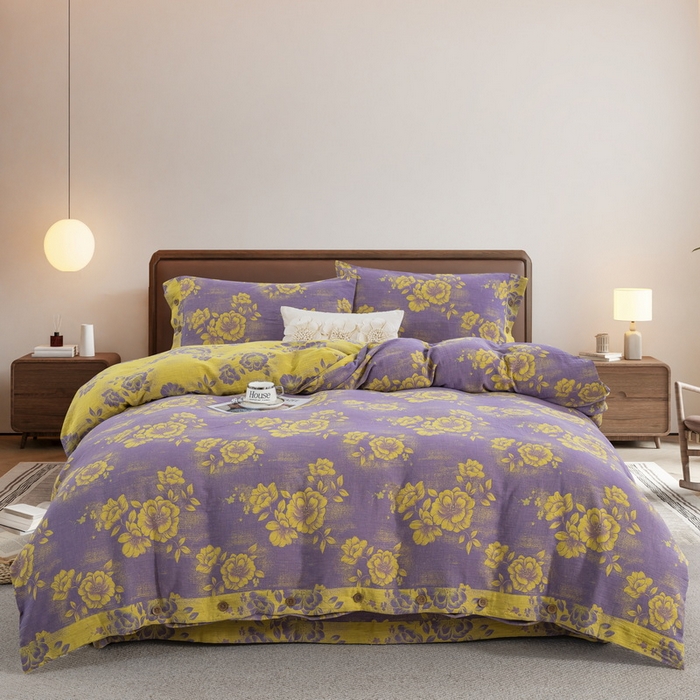 91家纺网 家纺一手货源 找家纺 2025新款全棉色织双层纱纽扣款四件套 云纱-浅紫