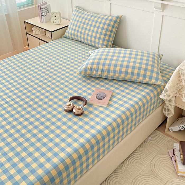 91家纺网 家纺一手货源 找家纺 2025新款全棉水洗棉套件-单床笠 蓝黄三分格