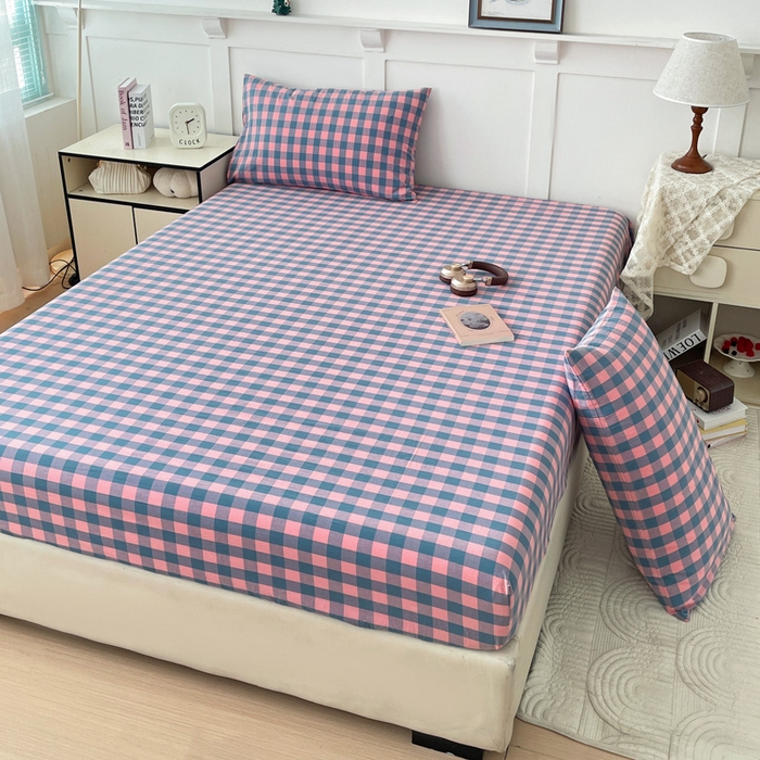 91家纺网 家纺一手货源 找家纺 2025新款全棉水洗棉套件-单床笠 粉灰小格