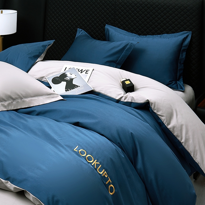 91家纺网 家纺一手货源 找家纺 皇寝世家家居 2025新款全棉纯棉A类100s长绒棉四件套刺绣绣花纯色贡缎床单款-诗雅 诗雅-湖蓝色