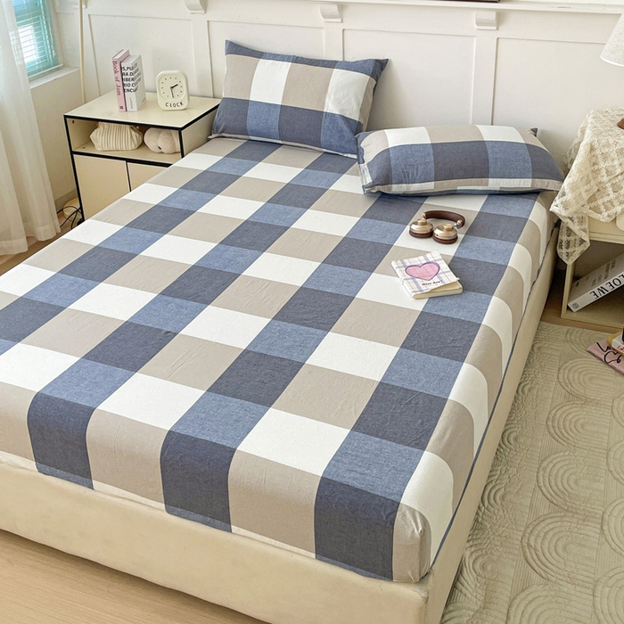 91家纺网 家纺一手货源 找家纺 2025新款全棉水洗棉套件-单床笠 蓝大格