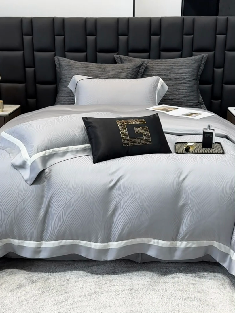 91家纺网 家纺一手货源 找家纺 若未家居 LOVEWE HOUSE 2025新款天丝提花套件撞色轻奢风四件套-天丝布拉格 天丝布拉格 银灰