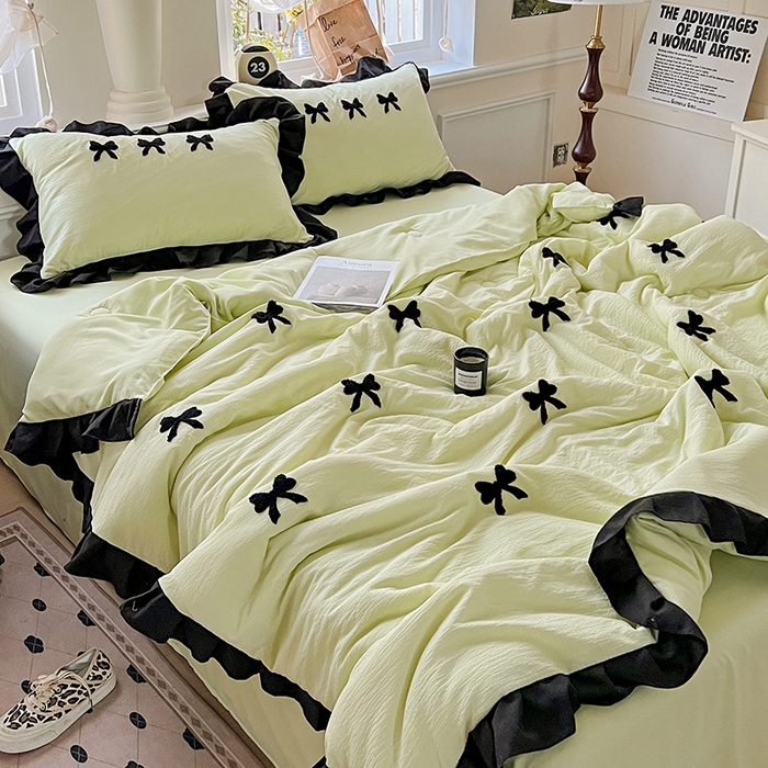 91家纺网 家纺一手货源 找家纺 梦之岛 2025新款韩版小泡泡水洗棉毛巾绣四件套-蝶梦 蝶梦蝴蝶结-绿