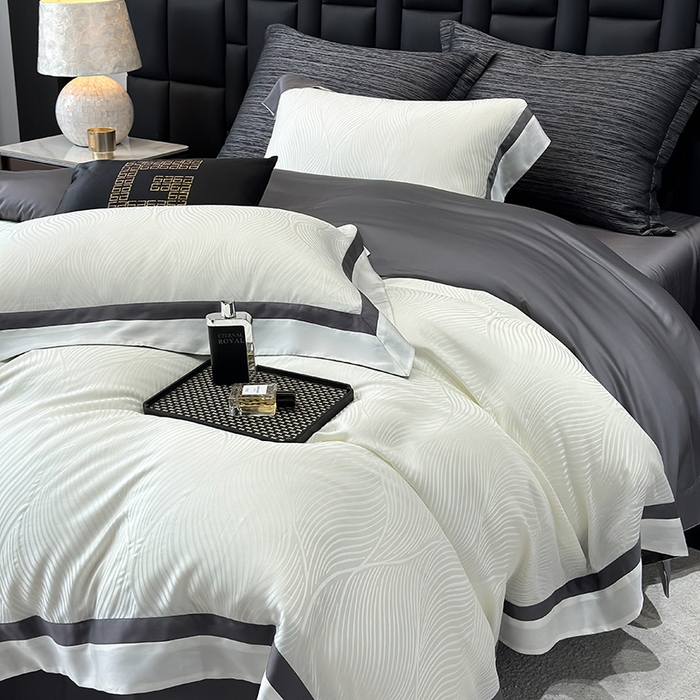 91家纺网 家纺一手货源 找家纺 若未家居 LOVEWE HOUSE 2025新款天丝提花套件撞色轻奢风四件套-天丝布拉格 天丝布拉格 奶昔白