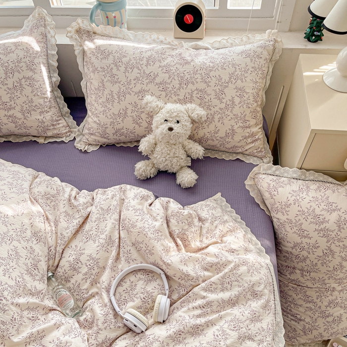 91家纺网 家纺一手货源 找家纺 仟网汇 2025新款云感皱皱双层纱全棉花边四件套 紫苏