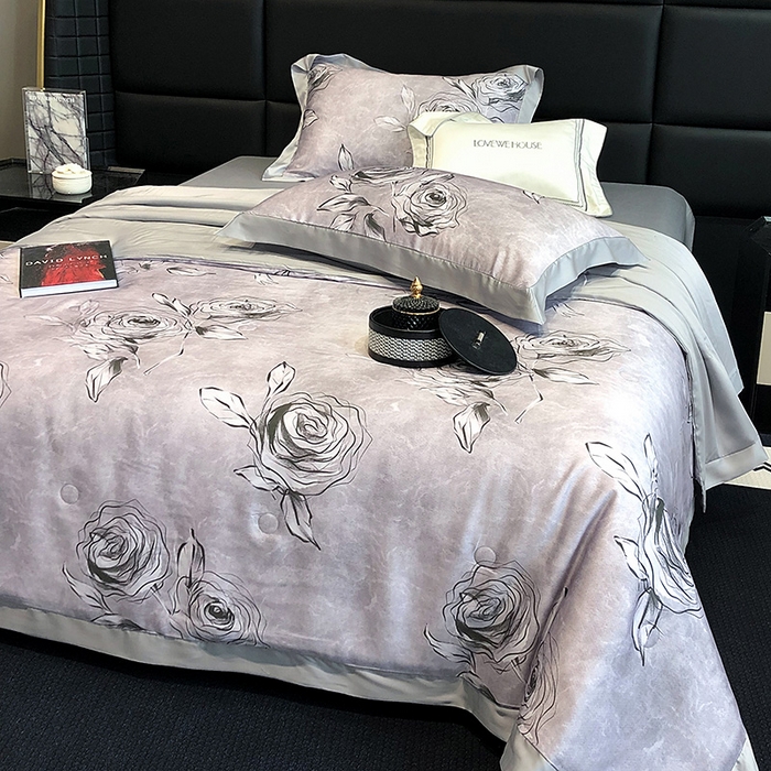 91家纺网 家纺一手货源 找家纺 若未家居 LOVEWE HOUSE 2025新款兰精天丝印花夏被及夏被四件套 叶罗丽玫瑰 灰（床单款+床盖款）