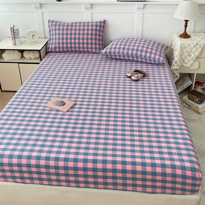 91家纺网 家纺一手货源 找家纺 2025新款全棉水洗棉套件-单床笠 粉灰小格