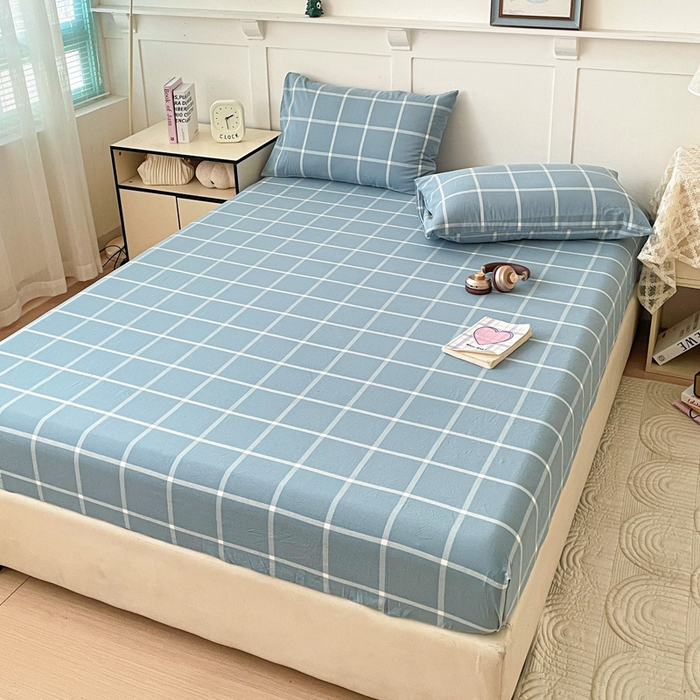 91家纺网 家纺一手货源 找家纺 2025新款全棉水洗棉套件-单床笠 蓝灰中格