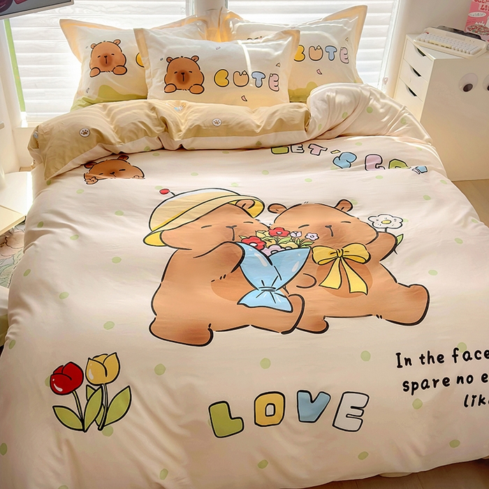 91家纺网 家纺一手货源 找家纺 2025新款原创设计卡皮巴拉全棉四件套-有作品登记证书 波点巴拉