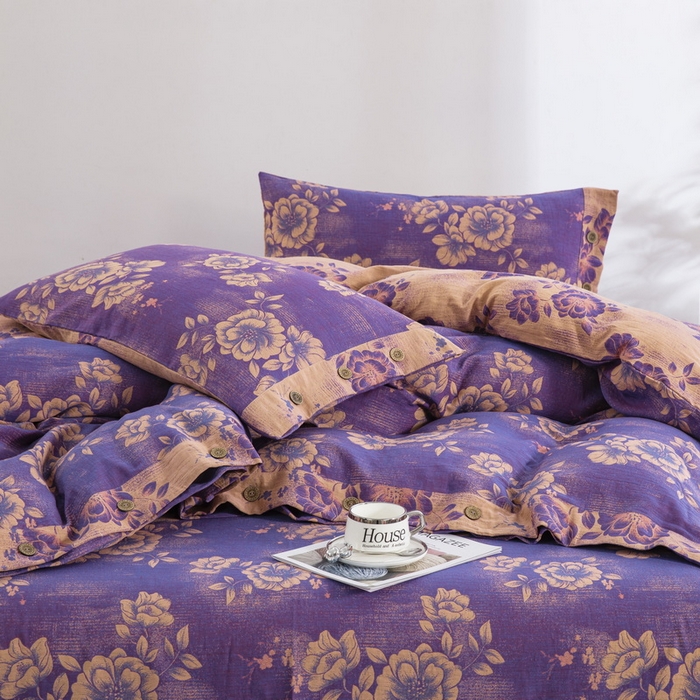 91家纺网 家纺一手货源 找家纺 2025新款全棉色织双层纱纽扣款四件套 云纱-紫罗兰