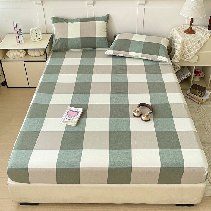 91家纺网 家纺一手货源 找家纺 2025新款全棉水洗棉套件-单床笠 绿大格