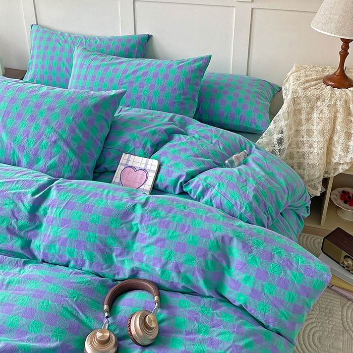 91家纺网 家纺一手货源 找家纺 大柏树 2025新款全棉水洗棉套件-床单四件套 绿紫中格