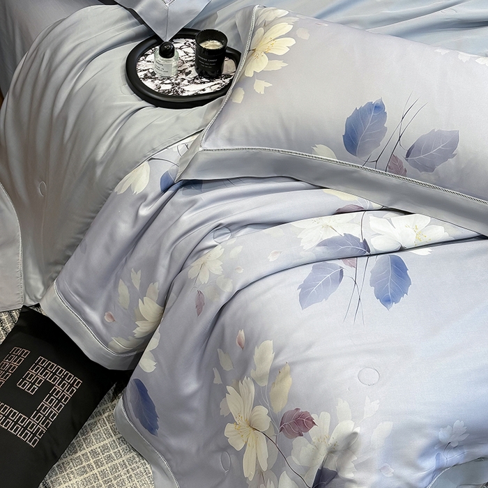 91家纺网 家纺一手货源 找家纺 若未家居 LOVEWE HOUSE 2025新款兰精天丝印花夏被及夏被四件套 紫郁气氛（床单款+床盖款）