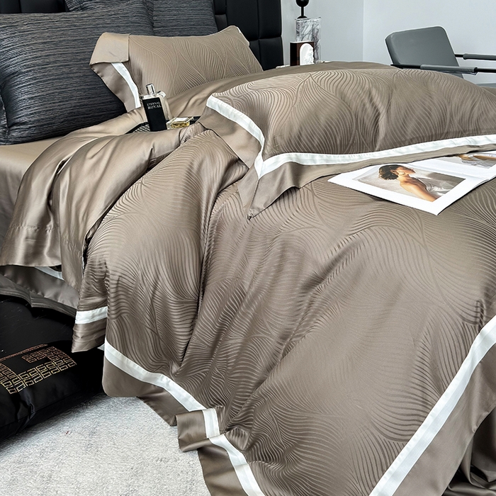 91家纺网 家纺一手货源 找家纺 若未家居 LOVEWE HOUSE 2025新款天丝提花套件撞色轻奢风四件套-天丝布拉格 天丝布拉格 美拉德棕