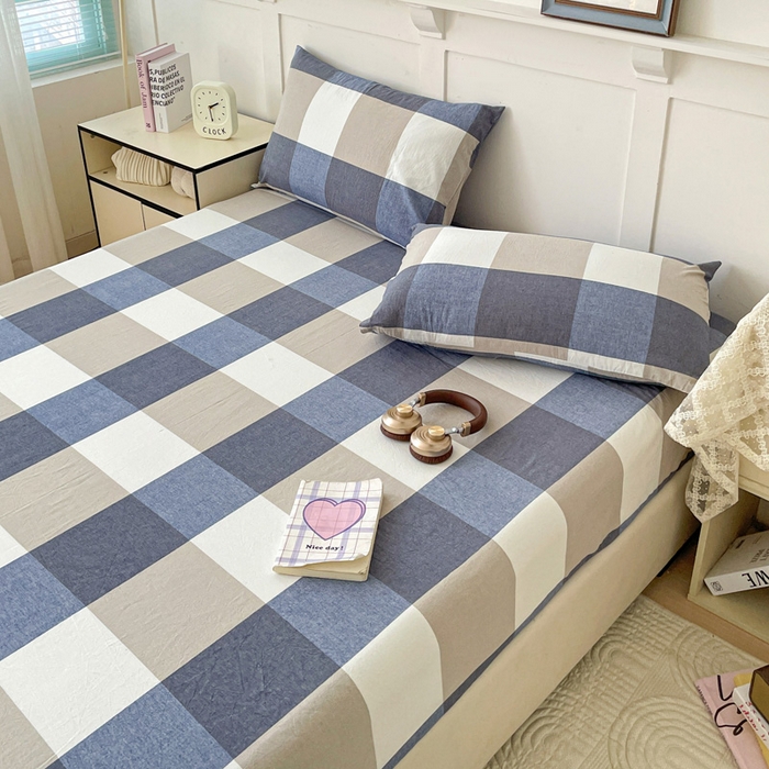 91家纺网 家纺一手货源 找家纺 2025新款全棉水洗棉套件-单床笠 蓝大格