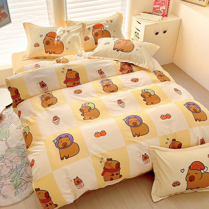 91家纺网 家纺一手货源 找家纺 2025新款原创设计卡皮巴拉全棉四件套-有作品登记证书 方格巴拉