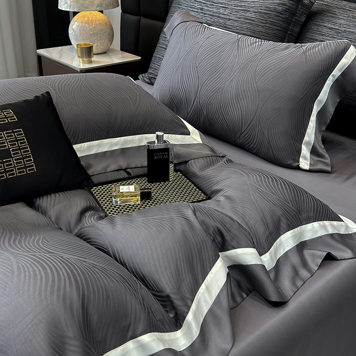 91家纺网 家纺一手货源 找家纺 若未家居 LOVEWE HOUSE 2025新款天丝提花套件撞色轻奢风四件套-天丝布拉格 天丝布拉格 玄灰