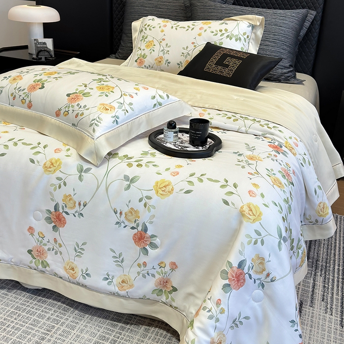 91家纺网 家纺一手货源 找家纺 若未家居 LOVEWE HOUSE 2025新款兰精天丝印花夏被及夏被四件套 奶酪玫瑰（床单款+床盖款）