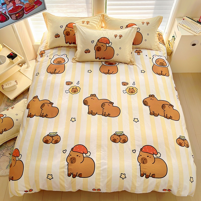 91家纺网 家纺一手货源 找家纺 2025新款原创设计卡皮巴拉全棉四件套-有作品登记证书 条纹巴拉