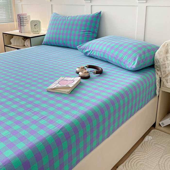 91家纺网 家纺一手货源 找家纺 2025新款全棉水洗棉套件-单床笠 绿紫中格