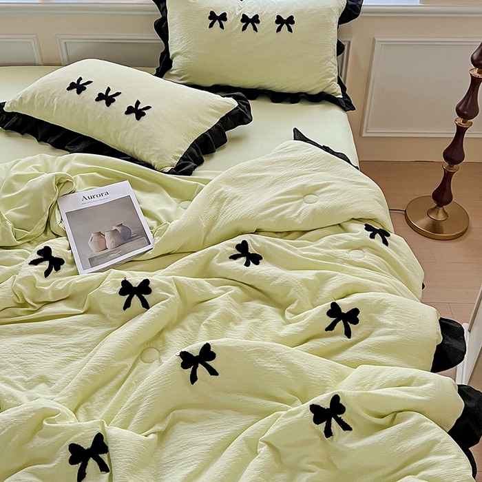 91家纺网 家纺一手货源 找家纺 梦之岛 2025新款韩版小泡泡水洗棉毛巾绣四件套-蝶梦 蝶梦蝴蝶结-绿