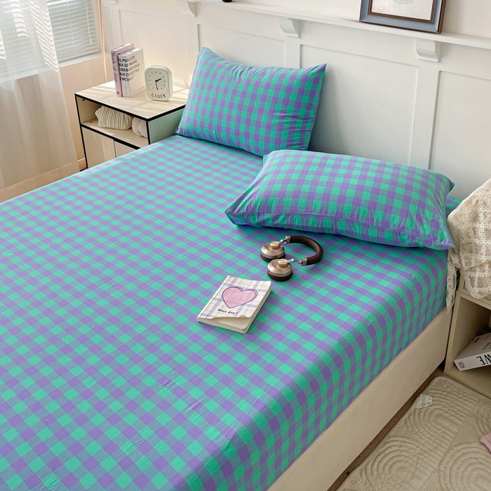 91家纺网 家纺一手货源 找家纺 2025新款全棉水洗棉套件-单床笠 绿紫中格