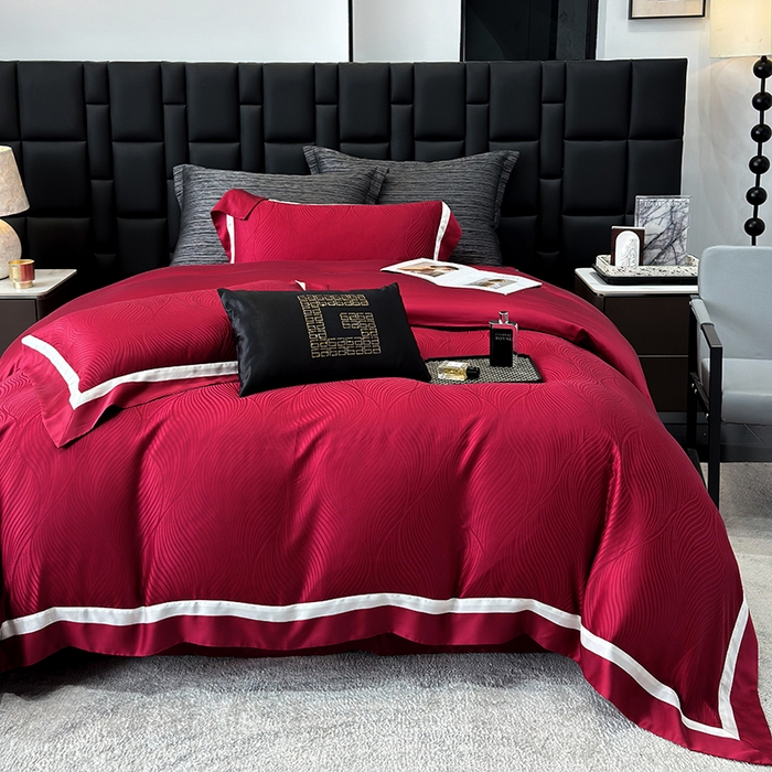 91家纺网 家纺一手货源 找家纺 若未家居 LOVEWE HOUSE 2025新款天丝提花套件撞色轻奢风四件套-天丝布拉格 天丝布拉格 贵族红